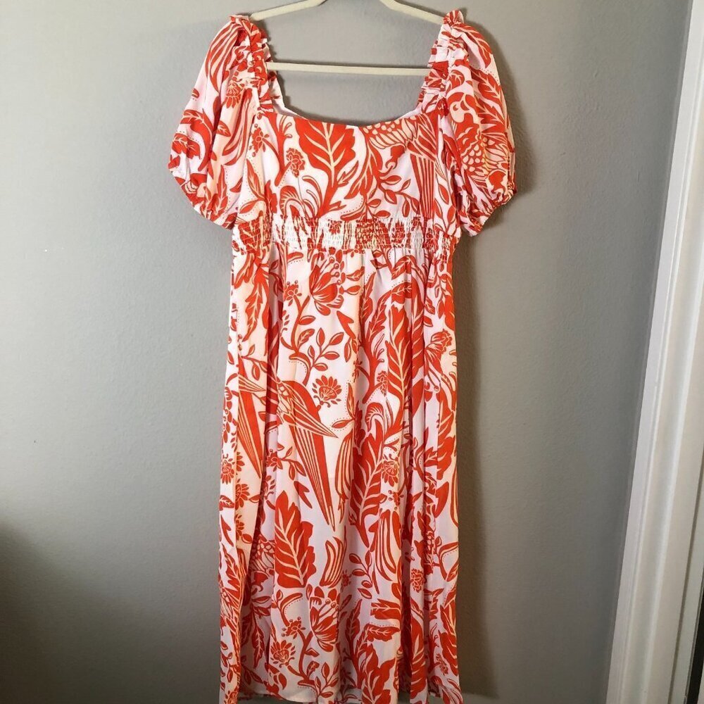 Unique Vintage Midi Dress Women's size XL White Orange Parrot Empire Waist NWT's - Picture 4 of 11